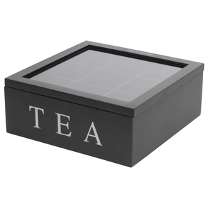 Teebox Holz Schwarz Deckel 9-Fcher mit Aufschrift TEA