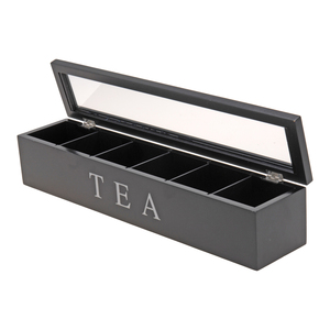 Teebox Holz Schwarz Deckel 6-Fcher mit Aufschrift TEA 43X9X9CM