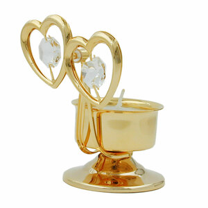 Teelichthalter goldplattiert Kristallglas Teelicht, Zwei Herzen, mit Glas-Steinen 
