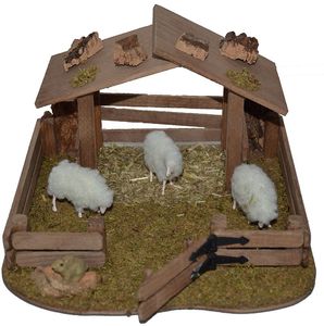 Krippenzubehr Krippenstall Krippenset Schafgehege Tiergehege mit 3 Schafen 1 Hase Unterstand