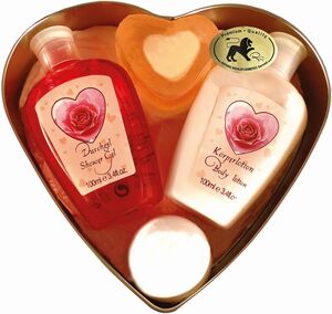 Perfect Love No. 08 - Bade- und Pflegesetmit Rose (4-teilig) von Rapahel Rosalee Cosmetics - Bade-Geschenkset Valentinstag Herzdose mit Duschgel, Seife, Lotion uvm.