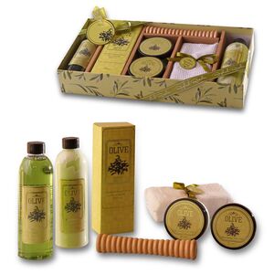 Olive No. 047 - Bade- und Pflegeset (7-teilig) mit Olive von Raphael Rosalee Cosmetics - Badegeschenkset mit Massageroller, Handtuch, Peeling uvm.