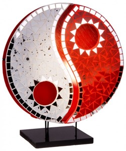 Deko-Leuchte YING YANG rot oder schwarz, rund, Natur-Material, 30 cm Durchmesser, Stimmungsleuchte