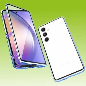 Fr Samsung Galaxy A14 5G / 4G Beidseitiger 360 Grad Magnet Glas Hlle Handy Tasche Bumper Blau