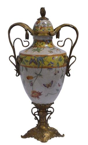 Casa Padrino Porzellan Vase mit Deckel und 2 Griffen H. 44,2 cm - Luxus Vase