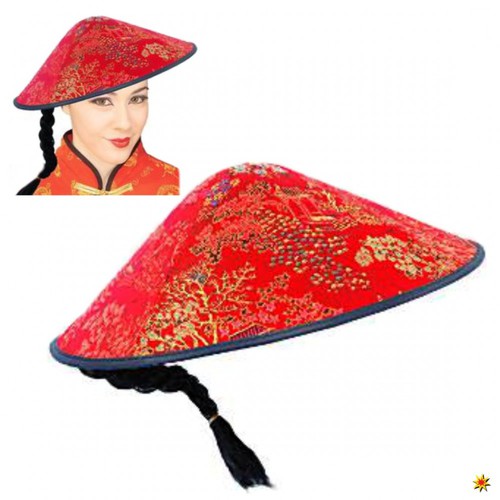 Chinesenhut mit Zopf, Asiaten Hut rot