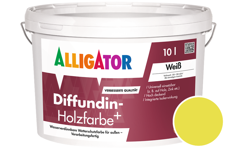 Alligator Diffundin-Holzfarbe+ 2,5L Holzfarbe für außen / Getönt im Farbton RAL 1016 Schwefelgelb