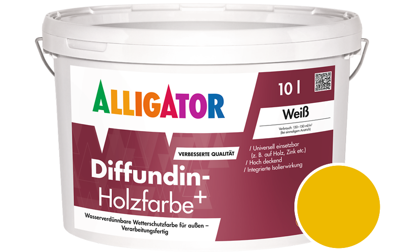 Alligator Diffundin-Holzfarbe+ 2,5L Holzfarbe für außen / Getönt im Farbton RAL 1023 Verkehrsgelb