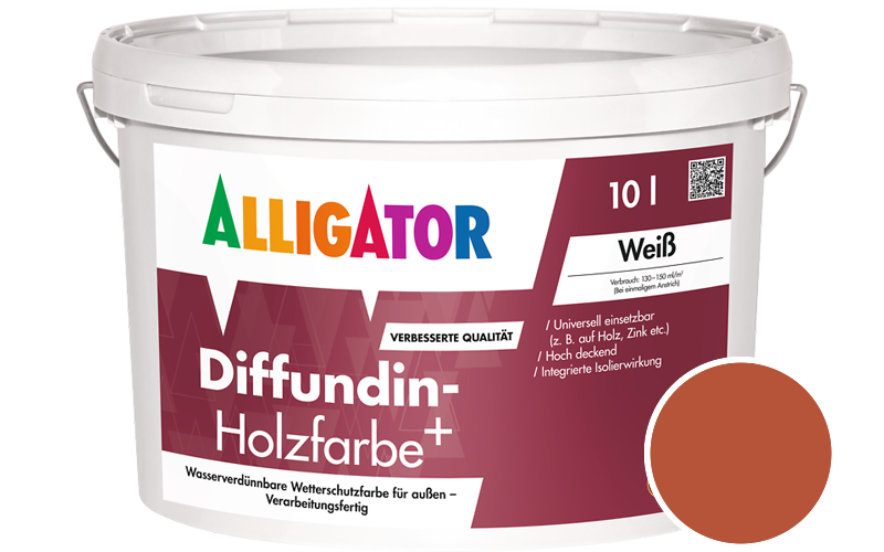 Alligator Diffundin-Holzfarbe+ 2,5L Holzfarbe für außen / Getönt im Farbton RAL 2001 Rotorange