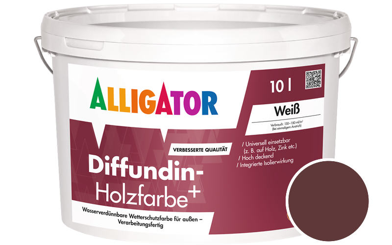 Alligator Diffundin-Holzfarbe+ 2,5L Holzfarbe für außen / Getönt im Farbton RAL 3005 Weinrot
