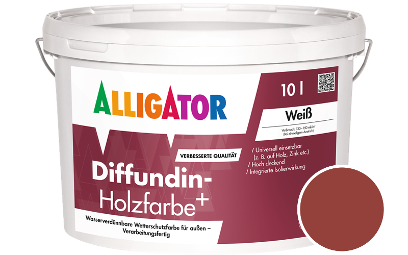 Alligator Diffundin-Holzfarbe+ 2,5L Holzfarbe für außen / Getönt im Farbton RAL 3013 Tomatenrot