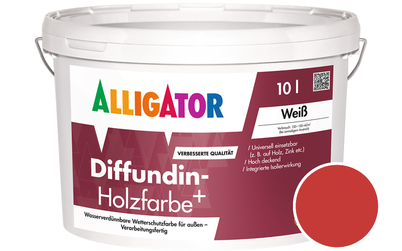 Alligator Diffundin-Holzfarbe+ 2,5L Holzfarbe für außen / Getönt im Farbton RAL 3028 Reinrot