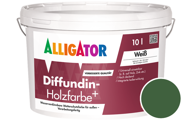 Alligator Diffundin-Holzfarbe+ 2,5L Holzfarbe für außen / Getönt im Farbton RAL 6002 Laubgrün
