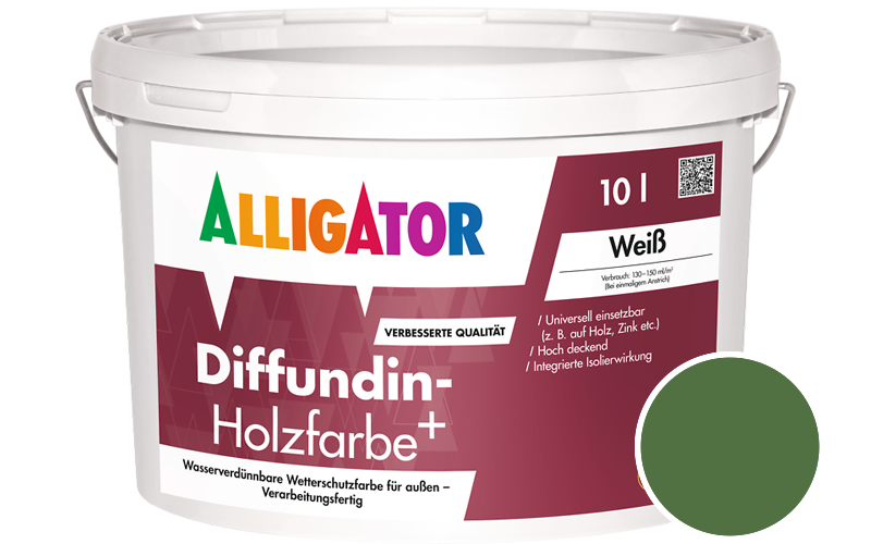 Alligator Diffundin-Holzfarbe+ 2,5L Holzfarbe für außen / Getönt im Farbton RAL 6010 Grasgrün
