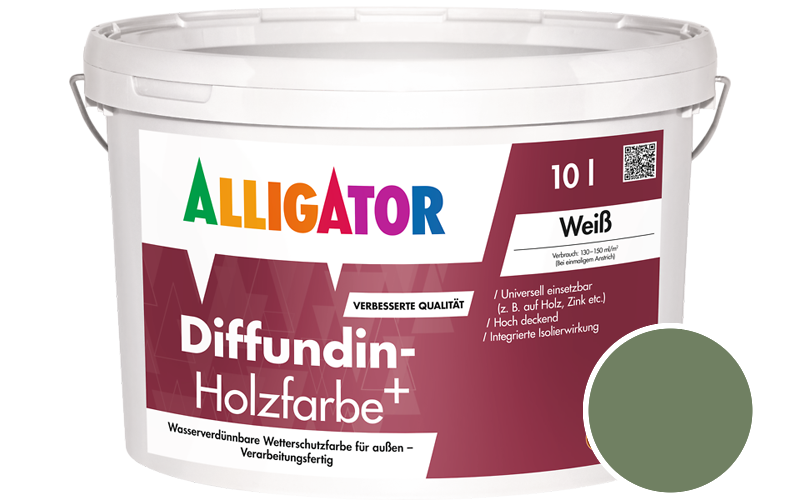 Alligator Diffundin-Holzfarbe+ 2,5L Holzfarbe für außen / Getönt im Farbton RAL 6011 Resedagrün
