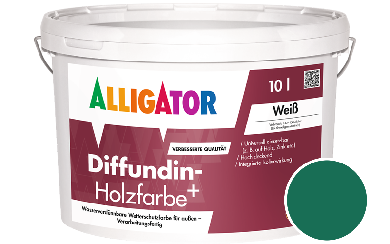 Alligator Diffundin-Holzfarbe+ 2,5L Holzfarbe für außen / Getönt im Farbton RAL 6016 Tuerkisgrün