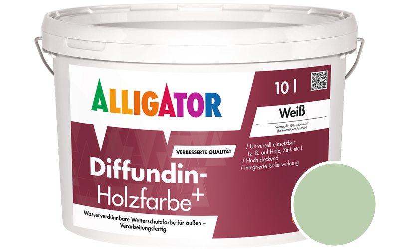 Alligator Diffundin-Holzfarbe+ 2,5L Holzfarbe für außen / Getönt im Farbton RAL 6019 Weissgrün