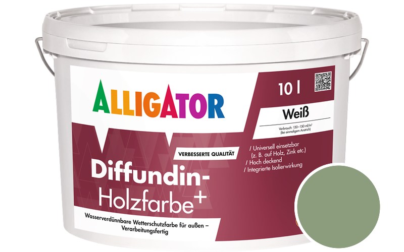 Alligator Diffundin-Holzfarbe+ 2,5L Holzfarbe für außen / Getönt im Farbton RAL 6021 Blassgrün