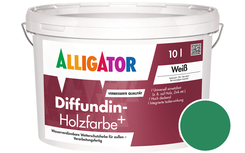 Alligator Diffundin-Holzfarbe+ 2,5L Holzfarbe für außen / Getönt im Farbton RAL 6024 Verkehrsgrün