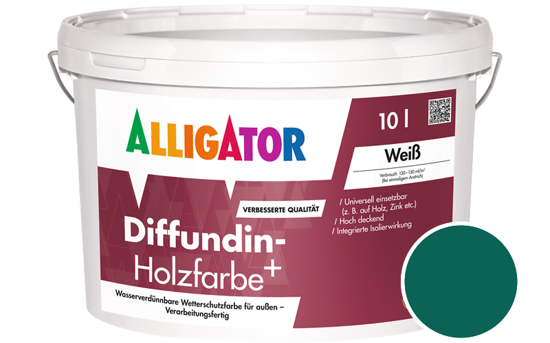 Alligator Diffundin-Holzfarbe+ 2,5L Holzfarbe für außen / Getönt im Farbton RAL 6026 Opalgrün