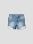Jeansshorts mit Spitzenbesatz und ausgefranstem Saum