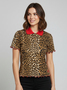 Leopardenmuster Polo-Shirt mit Kragen und welligem Saum