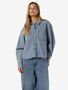 Jeansbluse Hemdkragen Brusttaschen Knopfleiste Fransenbund