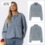 Jeansbluse Hemdkragen Brusttaschen Knopfleiste Fransenbund
