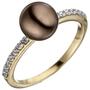 Damen Ring 333 Gelbgold bicolor mit dunkler Perle und Zirkonia (Gr��e: 60) 