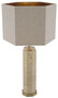 Casa Padrino Luxus Tischleuchte Beige / Antik Messing / Grau 46 x 46 x H. 84,5 cm - Travertin Schreibtischleuchte mit sechseckigem Lampenschirm - Luxus Tischleuchten - Luxus Schreibtischleuchten