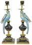 Casa Padrino Jugendstil Kerzenhalter Set Papageien Blau / Schwarz / Messing 16,1 x 12,8 x H. 48 cm - Porzellan Kerzenst�nder - Hotel & Restaurant Accessoires - Barock & Jugendstil Deko Accessoires 