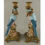 Casa Padrino Barock Porzellan Kerzenhalter Set V�gel Blau / Bunt / Messing H. 37 cm 