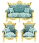 Casa Padrino Barock Wohnzimmer Set Master Trkis-Blau Muster Samtstoff / Gold - 2er Sofa + 2 Sessel - Limited Edition!