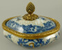 Casa Padrino Barock Porzellan Zuckerdose mit Deckel Creme / Blau / Messing 11 x 8 x H. 8 cm - Barock Porzellan Deko Accessoires