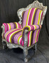 Casa Padrino Barock Sessel mit Streifen Mehrfarbig / Silber - Handgefertigter Massivholz Wohnzimmer Sessel - Antik Stil Wohnzimmer Sessel - Barock Wohnzimmer M�bel - Ausstellungsst�ck!
