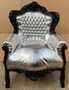 Casa Padrino Barock Sessel Silber / Schwarz - Handgefertigter Massivholz Wohnzimmer Sessel mit Kunstleder - Antik Stil Wohnzimmer Sessel - Barock Wohnzimmer M�bel