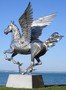 Casa Padrino Luxus Gartendeko Skulptur Pegasus Pferd mit Sockel Silber 288 x 175 x H. 305 cm - Lebensgro�e Edelstahl Figur - Luxus Gartenfigur 