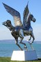 Casa Padrino Luxus Gartendeko Skulptur Pegasus Pferd mit Sockel Silber 288 x 175 x H. 305 cm - Lebensgro�e Edelstahl Figur - Luxus Gartenfigur 