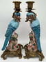 Casa Padrino Jugendstil Kerzenhalter Set Papageien Blau / Rosa / Mehrfarbig / Gold 15,3 x 15,9 x H. 36,3 cm - Elegante Porzellan Kerzenst�nder - Barock & Jugendstil Deko Accessoires