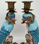 Casa Padrino Jugendstil Kerzenhalter Set Papageien Blau / Rosa / Mehrfarbig / Gold 15,3 x 15,9 x H. 36,3 cm - Elegante Porzellan Kerzenst�nder - Barock & Jugendstil Deko Accessoires