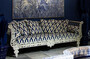 Casa Padrino Luxus Barock Sofa Wei� / Blau / Gold 212 x 87 x H. 77 cm - Handgeschmiedetes Schmiedeeisen Sofa mit Kissen - Wohnzimmer Sofa - Garten Sofa - Terrassen Sofa - Barock M�bel