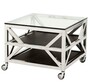 Casa Padrino Luxus Couchtisch auf Rollen Silber / Schwarz 65 x 65 x H. 50 cm - Edelstahl Wohnzimmertisch mit Glasplatte 