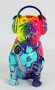 Casa Padrino Luxus Designer Deko Figur Hund Bulldogge mit Kopfh�rer Bunt H. 32 cm - Kunstharz Deko Skulptur - Wohnzimmer Deko - Schreibtisch Deko - Luxus Deko Tierfigur
