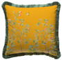 Casa Padrino Luxus Deko Kissen Str�ucher mit Blumen & V�gel Gelb / Mehrfarbig / Gr�n 45 x 45 cm - Bedrucktes Samt Kissen mit Fransen - Luxus Deko Accessoires