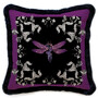 Casa Padrino Luxus Deko Kissen Libelle & Blumen Lila / Grau / Schwarz 45 x 45 cm - Bedrucktes Samt Kissen mit Fransen - Luxus Deko Accessoires