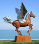 Casa Padrino Luxus Deko Skulptur Pegasus Pferd mit Sockel Rost / Silber 288 x 175 x H. 305 cm - Lebensgro�e Stahl Skulptur - Riesige Garten Deko Figur - Garten Skulpturen - Metall Skulpturen