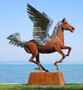 Casa Padrino Luxus Deko Skulptur Pegasus Pferd mit Sockel Rost / Silber 288 x 175 x H. 305 cm - Lebensgro�e Stahl Skulptur - Riesige Garten Deko Figur - Garten Skulpturen - Metall Skulpturen