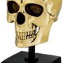 Philipp Plein Luxus Designer Deko Totenkopf Gold / Schwarz H. 20cm - Skull Skulptur aus Marmorsockel