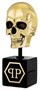 Philipp Plein Luxus Designer Deko Totenkopf Gold / Schwarz H. 20cm - Skull Skulptur aus Marmorsockel