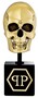 Philipp Plein Luxus Designer Deko Totenkopf Gold / Schwarz H. 20cm - Skull Skulptur aus Marmorsockel